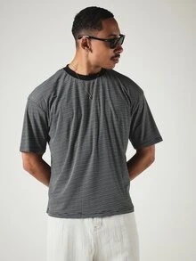 SUMWON Mens Relaxed Fit Micro Horizontal Stripe Crew Neck Short Sleeve Tee Casual Everyday Summer T-Shirt - Black - View 6