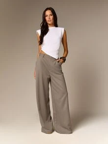AiiRZ Pinstripe Wide Leg Tailored Trouser With Contrast Satin Side Stripe, High Rise Palazzo Dress Pants - Khaki - View 5