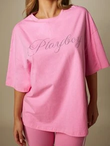 Missguided x Playboy Oversized Graphic T-Shirt With Rhinestone Script Logo Print, Crew Neck, Drop Shoulder, Short Sleeve, Casual Streetwear Boxy Tee, Summer Pink - Pink - View 1
