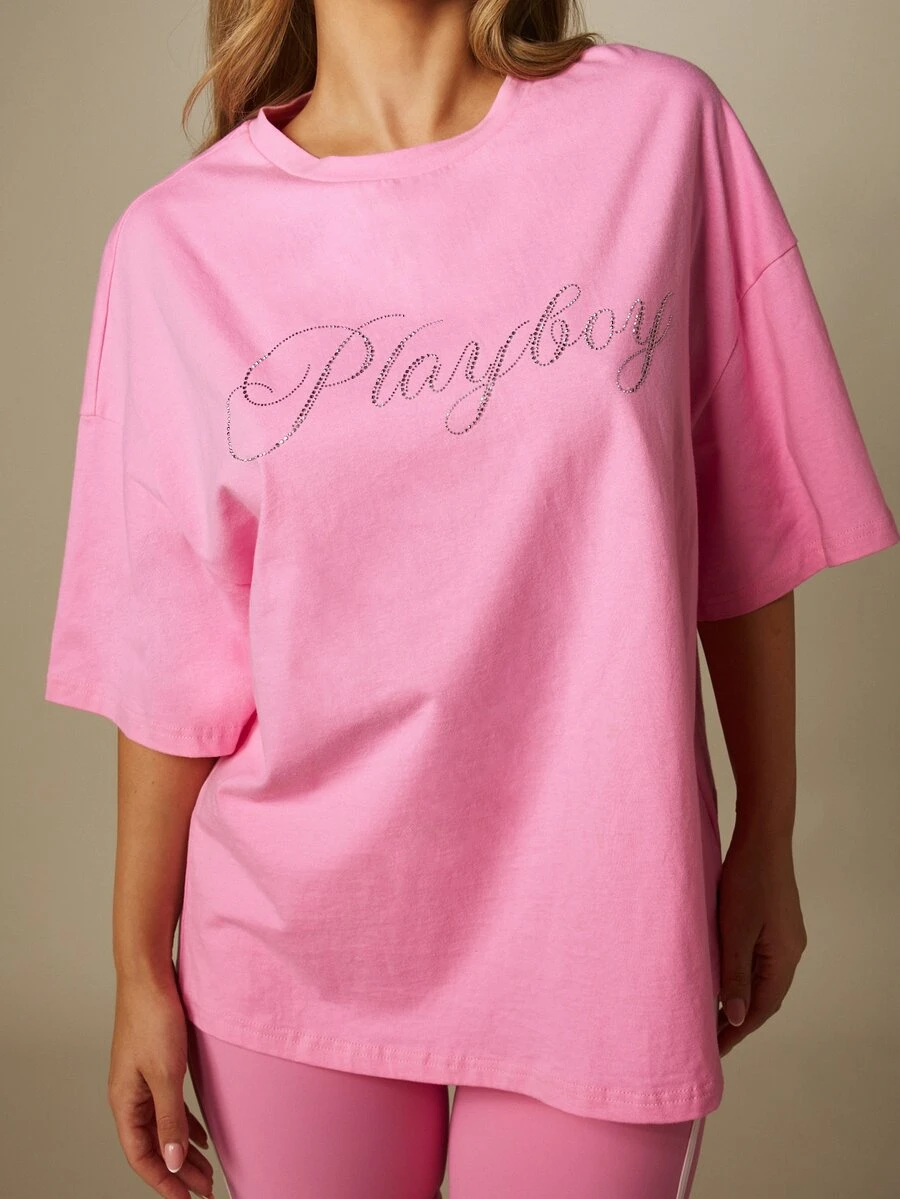 Missguided x Playboy Oversized Graphic T-Shirt With Rhinestone Script Logo Print, Crew Neck, Drop Shoulder, Short Sleeve, Casual Streetwear Boxy Tee, Summer Pink - Pink - View 1