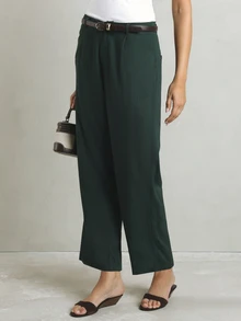 KSTM Relaxed Smart Pleated Wide-Leg Suit Pants With High Rise Tailored Fit For Office And Formal Occasions - Dark Green - View 1