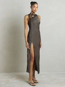 KSTM Satin Maxi Dress With Black Floral Lace Applique Neckline Sleeveless Bodycon Front Slit Evening Gown - Grey - View 1