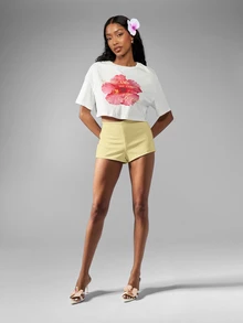 MISSGUIDED 高腰迷你熱褲 夏季度假派對時尚修身平滑面料短褲 - 米色 - 查看 3