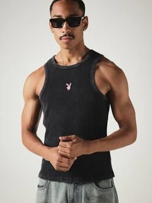 PLAYBOY X SUMWON Bunny Logo Slim Fit Washed Ribbed Knit Tank Top With Crew Neck Summer Casual Sleeveless Vest - Black - View 4