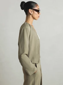KSTM Cropped Collarless Button-Up Jacket With Structured Shoulders And Long Sleeves For Spring Office Wear - Green - View 2