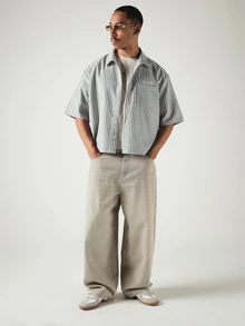 SUMWON Striped Boxy Crop Short Sleeve Button-Up Shirt With Chest Pocket And Spread Collar For Summer - Black and White - View 3