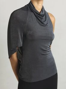 KSTM Asymmetric Draped High Neck Halter Top With Open Back And Cape Sleeve Detail - Dark Grey - View 5