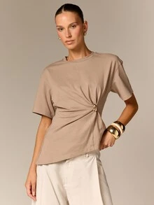 AiiRZ Cinch Waist Gold Ring Detail Crew Neck Short Sleeve T-Shirt With Asymmetric Hem And Gathered Front - Khaki - View 5
