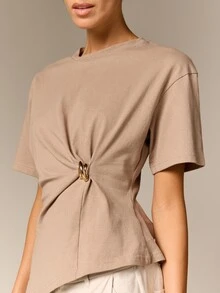 AiiRZ Cinch Waist Gold Ring Detail Crew Neck Short Sleeve T-Shirt With Asymmetric Hem And Gathered Front - Khaki - View 2