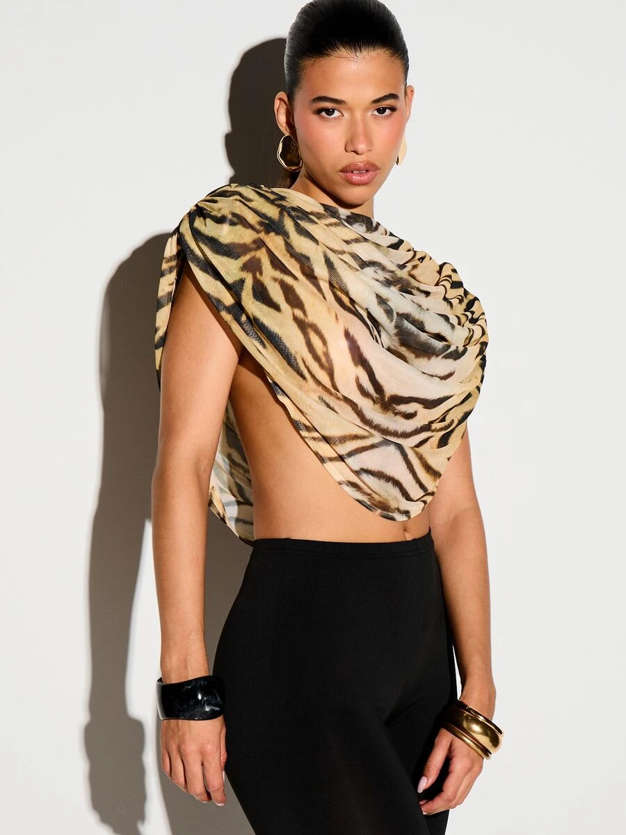 KIZN Tiger Print Cowl Neck Crop Top Draped Mesh Open Back Sleeveless Party Night Out Summer Festival Style - Brown - View 1