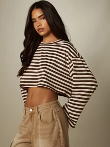 MISSGUIDED Striped Oversized Cropped Long Sleeve Top Crew Neck Boxy Fit Casual Street Style Jersey Knit - Multicolor - View 4