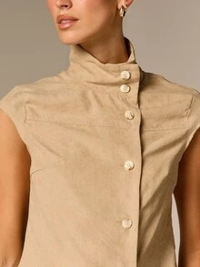 AiiRZ Funnel Neck Shoulder Pad Sleeveless Button-Front Vest Top Structured Cap Sleeve Minimalist Chic Spring Summer - Khaki - View 2