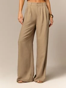AiiRZ High-Waisted Wide Leg Tailored Trouser Pants With Pleated Front And Cinched Hem Detail For Elegant Occasions - Khaki - View 1