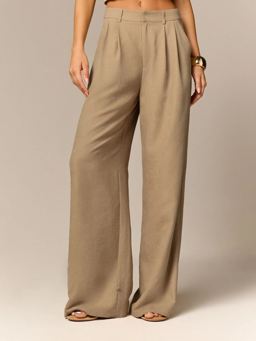 AiiRZ High-Waisted Wide Leg Tailored Trouser Pants With Pleated Front And Cinched Hem Detail For Elegant Occasions - Khaki - View 1
