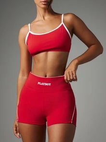 Missguided x Playboy High-Rise Booty Shorts With White Contrast Piping And Logo Waistband Detail - Red and White - View 1