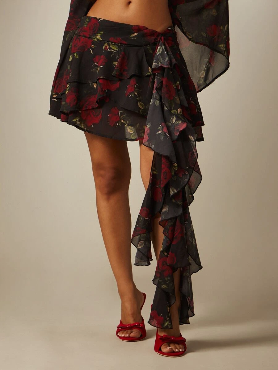 MISSGUIDED Floral Ruffle Mini Skirt With Asymmetric Hem Tie Waist ...