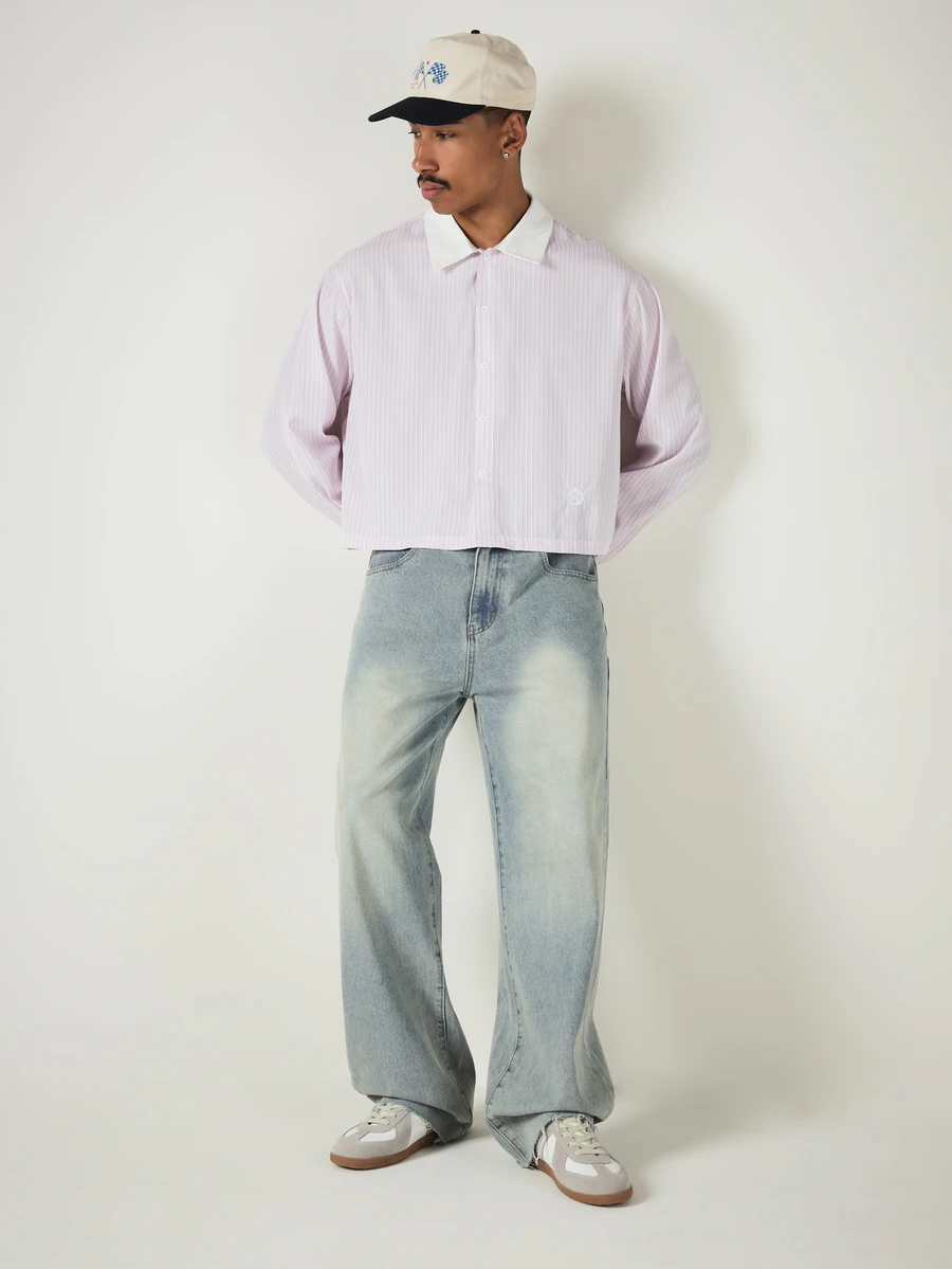 SUMWON Cropped Striped Button-Front Collared Shirt With Contrast White Collar Long Sleeve Boxy Fit Casual Spring Summer Top - Multicolor - View 1