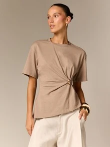 AiiRZ Cinch Waist Gold Ring Detail Crew Neck Short Sleeve T-Shirt With Asymmetric Hem And Gathered Front - Khaki - View 1