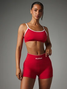 Missguided x Playboy High-Rise Booty Shorts With White Contrast Piping And Logo Waistband Detail - Red and White - View 5