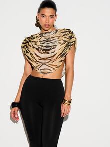 KIZN Tiger Print Cowl Neck Crop Top Draped Mesh Open Back Sleeveless Party Night Out Summer Festival Style - Brown - View 5