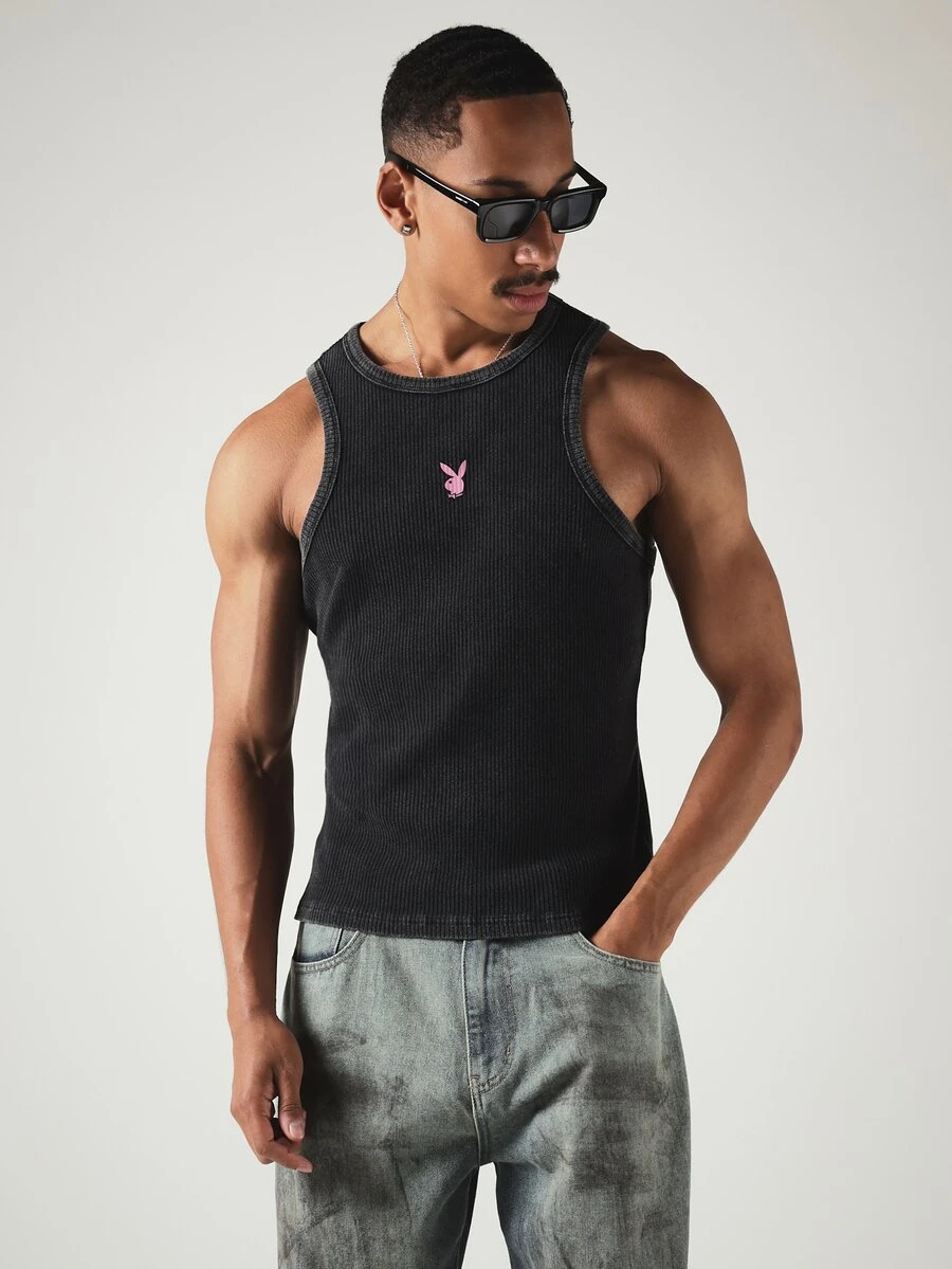 PLAYBOY X SUMWON Bunny Logo Slim Fit Washed Ribbed Knit Tank Top With Crew Neck Summer Casual Sleeveless Vest - Black - View 1