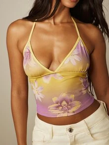 MISSGUIDED 花卉印花對比飾帶三角深V掛脖短版背心上衣 夏季音樂節度假風 - 彩色 - 查看 4
