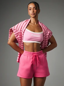 Missguided x Playboy Logo Fleece Jogger Shorts With Elastic Waistband And Drawstring Casual Mini Sweat Shorts With Back Graphic Print And Side Pockets - Pink - View 5