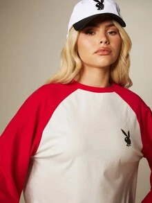 Missguided x Playboy Oversized Raglan Long Sleeve T-Shirt With Iconic Bunny Logo Embroidery, Color Block Baseball Style, Crew Neck, Casual Everyday Top - Red and White - View 5