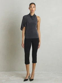 KSTM Asymmetric Draped High Neck Halter Top With Open Back And Cape Sleeve Detail - Dark Grey - View 3