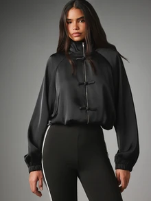 MISSGUIDED Satin Funnel Neck Zip-Up Blouse With Knot Detail Trims Long Sleeve Cropped Top For Fall Winter - Black - View 2