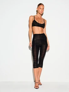 KIZN Studded Mesh Capri Leggings With All-Over Gold Pyramid Studs High-Rise Semi-Sheer Stretch Party Night Out - Black - View 3