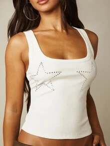 MISSGUIDED 羅紋無袖背心，圓領設計，胸前水鑽星星圖案，適合夏季音樂節 - 白色 - 查看 4