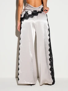 KIZN Satin Wide Leg Trouser With Scallop Black Lace Trim Side Panel And Drawstring Waist - Grey - View 2