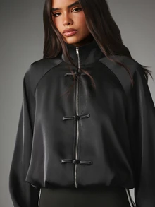 MISSGUIDED Satin Funnel Neck Zip-Up Blouse With Knot Detail Trims Long Sleeve Cropped Top For Fall Winter - Black - View 1