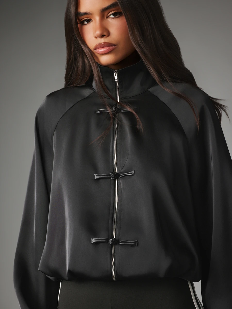 MISSGUIDED Satin Funnel Neck Zip-Up Blouse With Knot Detail Trims Long Sleeve Cropped Top For Fall Winter - Black - View 1