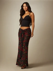 MISSGUIDED Black And Red Floral Rose Print Chiffon Skirt With Ruched Waist Tie Detail Low Rise A-Line Floor Length Beach Summer Sexy Romantic - Multicolor - View 3