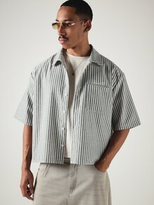 SUMWON Striped Boxy Crop Short Sleeve Button-Up Shirt With Chest Pocket And Spread Collar For Summer - Black and White - View 4