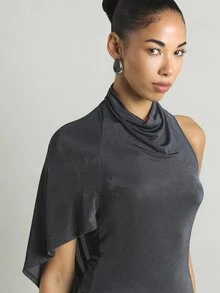 KSTM Asymmetric Draped High Neck Halter Top With Open Back And Cape Sleeve Detail - Dark Grey - View 4