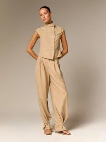 AiiRZ Funnel Neck Shoulder Pad Sleeveless Button-Front Vest Top Structured Cap Sleeve Minimalist Chic Spring Summer - Khaki - View 4