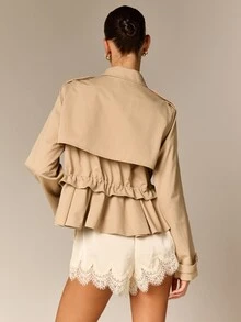 AiiRZ Peplum Utility Jacket With Ruffle Hem Cargo Pockets Epaulettes Drawstring Waist Long Sleeve Safari Style Outerwear Everyday Travel Khaki Autumn Casual - Khaki - View 3
