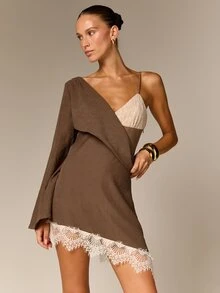 AiiRZ Suede Effect One-Shoulder Mini Dress With Lace Trim And Asymmetric Hem Long Sleeve Party - Brown - View 5