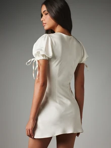 MISSGUIDED Puff Sleeve Mini Dress With Front Tie Detail And Gathered Cuff Ribbons Sweetheart Neckline Party Summer - White - View 3