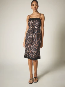 KSTM Leopard Print Satin Slip Midi Dress With Lace Trim Scallop Hem Drawstring Waist Spaghetti Straps Summer Party - Multicolor - View 2
