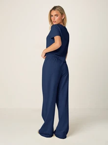 MISSGUIDED Relaxed Wide Leg Drawstring Two-Piece Outfit With Short Sleeve Crew Neck Top And Flowy Trousers - Navy Blue - View 3