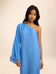 Dancing Leopard Blue One-Shoulder Fringe Long Dress, Holiday/Vacation Wear - Blue - View 3