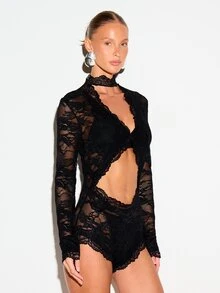KIZN Lace Trim Keyhole Cut-Out Playsuit With Mock Neck Long Sleeve Sheer Floral Lace Party Romper - Black - View 5