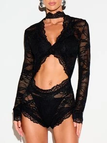 KIZN Lace Trim Keyhole Cut-Out Playsuit With Mock Neck Long Sleeve Sheer Floral Lace Party Romper - Black - View 4
