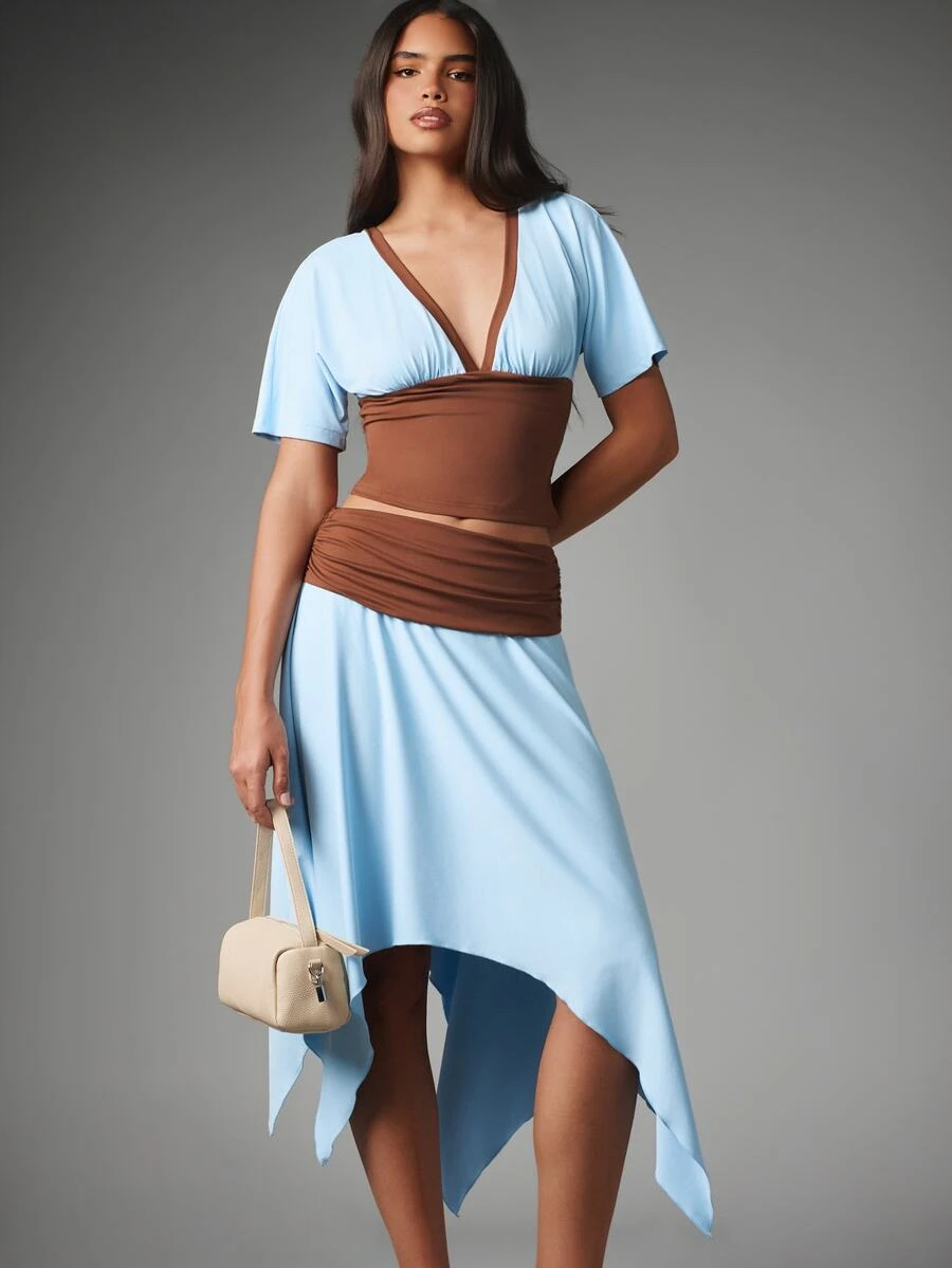 MISSGUIDED Asymmetric Handkerchief Hem Midi Skirt With Ruched Waistband Summer Flowy A-Line Style - Blue - View 1