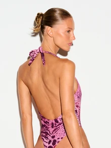 KIZN Deep Plunge Halter Neck One-Piece Swimsuit With Pink And Purple Striped And Open Back Design Beach Party Summer Sexy Tropical - Multicolor - View 2