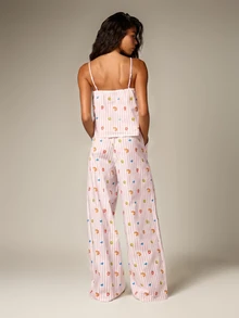 AiiRZ Printed Linen Feel Pajama Set With Cami Top And Wide-Leg Pants Fruit Print Striped Lounge Co-Ord - Pink - View 3